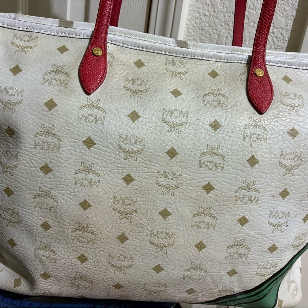 MCM White and Green Geometric Tote - Picture 8 of 10